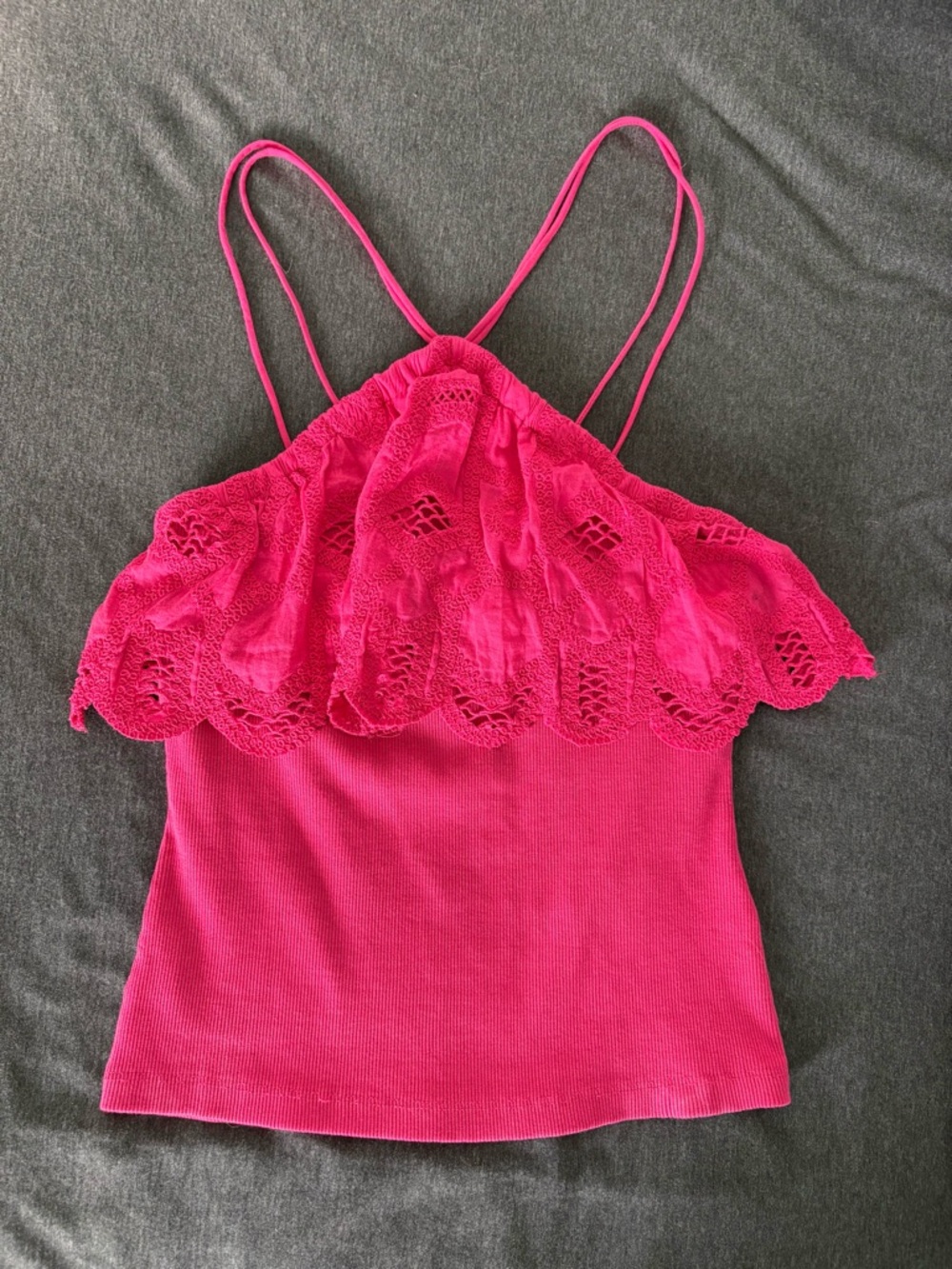 Anthropologie Ruffled Halter Tank Top Hot Pink Barbiecore Ribbed Eyelet Lace